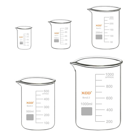 Heavy Duty Borosilicate Glass Beaker Set With Five Graduated Low Form Griffin Beakers In 50ml, 100ml, 250ml, 500ml, And 1000ml