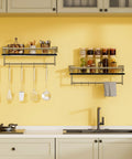 Kitchen setup with wall-mounted shelves, hanging utensils, spice jars, yellow backsplash, modern kitchen organization