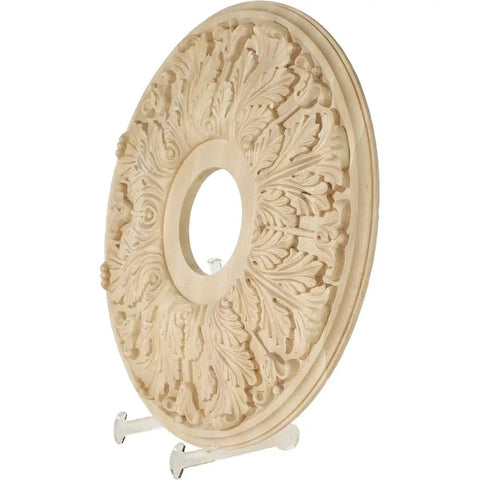 Side view of Slick Florentine Carved Ceiling Medallion Red Oak 16 Inch Outer Diameter Three Seven Eighths Inch Inner Diameter