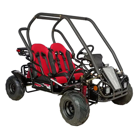 Red 125Cc Go Kart Spyder GKT125-9 Off Road Beast with air cooled engine, bigger seats, three speed, LED headlights, sturdy frame.