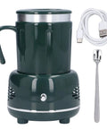 Dual Mode Electric Mug Warmer And Cooler Keeps Your Coffee Ice Cold Or Piping Hot Desktop Aluminum Heater Chiller Usb Powered Non Slip Mat For Daily Grind Green with USB cable and spoon.