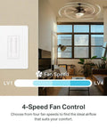 Smart Ceiling Fan Controller And Dimmer Switch for Easy Breeze and Lit Ambiance with fan speed levels illustration in living room