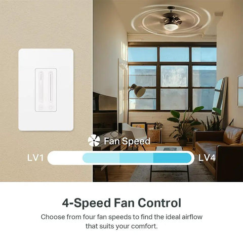 Smart Ceiling Fan Controller And Dimmer Switch for Easy Breeze and Lit Ambiance with fan speed levels illustration in living room