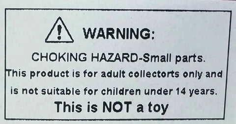 Warning label for Super Slick Miniature Dollhouse Laundry Set; choking hazard for adult collectors, not suitable for children under 14.