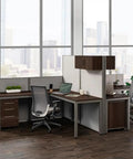 Dual L Shaped Office Cubicle Workstation With Roll Along File Cabinet And Chill Gray Desktop Layout For Squad Collaboration, featuring two workspaces.