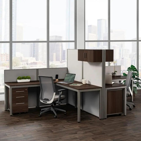 Dual L Shaped Office Cubicle Workstation With Roll Along File Cabinet And Chill Gray Desktop Layout For Squad Collaboration, featuring two workspaces.