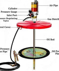 Heavy Duty Air Operated Grease Pump Featuring 50 To 1 High Pressure Ratio Portable Drum Greaser with red barrel cover and hoses.