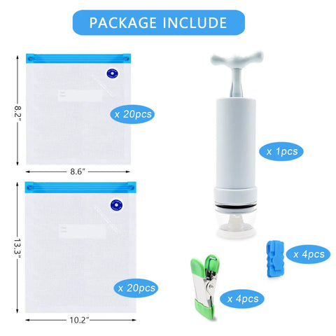 Set Of 40 BPA Free Reusable Sous Vide Vacuum Bags With Air Valve Freezer Safe Storage Works With Joule And Anova Cookers Upgraded Hand Pump Included, showing two bag sizes and hand pump.