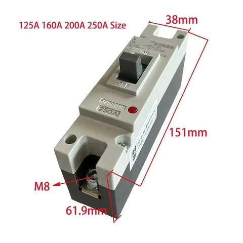 Rugged Heavy Duty DC 1P MCCB Circuit Breaker Rated At 400 Amps For Rooftop Solar And RV Batteries And Smart Auto Shutoff Switch, 250A size.