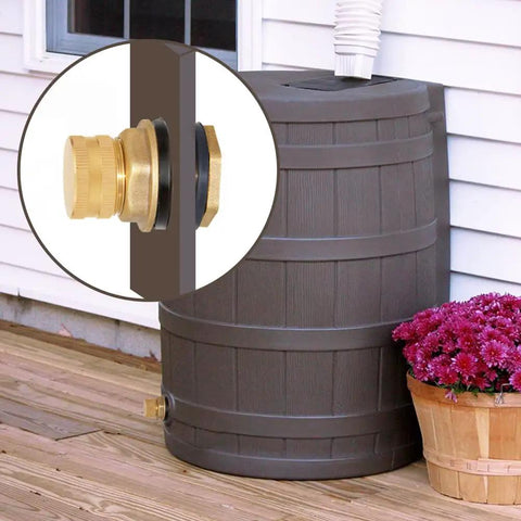 Brass Garden Hose Bulkhead Fitting Kit With Plugs Half Inch Female To Three Quarter GHT Male on a rain barrel