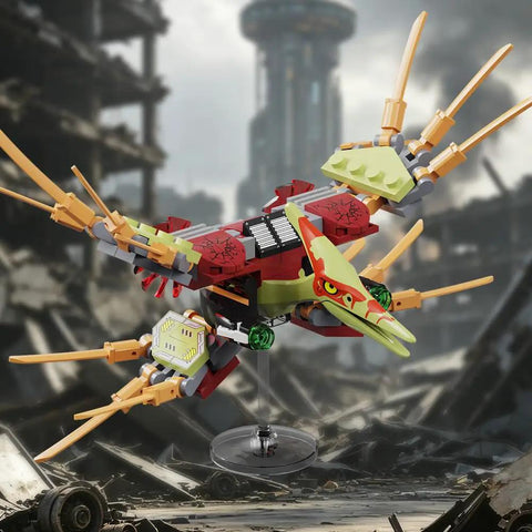 725 Piece Mechanical Dinosaur Attack Set With Tyrannosaurus Rex, Pterosaur And Off Road Vehicle In A Dino Park World Build Kit For Ages 6 To 14 And A Great Birthday Gift For Boys And Girls. Mechanical pterosaur brick model on display stand.
