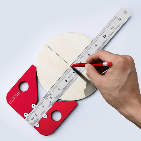 Solid As A Rock Aluminum Circle Center Finder With Forty Five Nine Zero Right Angle Square And Detachable Marking Ruler For Dead On Layouts And No Sweat Build Day Prep marking center on wood with removable ruler.