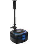 All In One Pond Filter System Kit With 950 GPH Submersible Pump Filter Fountain And 13W Light For Ponds Up To 1585 Gallons Delivers Crystal Clear Water With 3 Stage Filtration And Algae Control, close-up of black and blue unit with fountain attachment, isolated view.