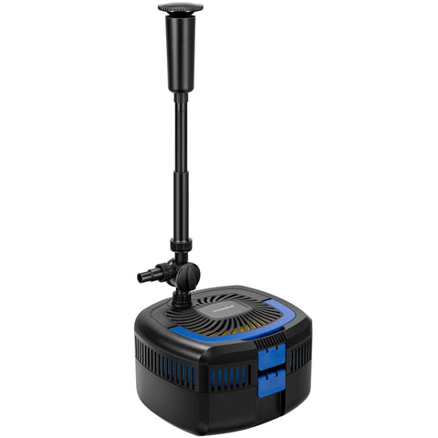 All In One Pond Filter System Kit With 950 GPH Submersible Pump Filter Fountain And 13W Light For Ponds Up To 1585 Gallons Delivers Crystal Clear Water With 3 Stage Filtration And Algae Control, close-up of black and blue unit with fountain attachment, isolated view.