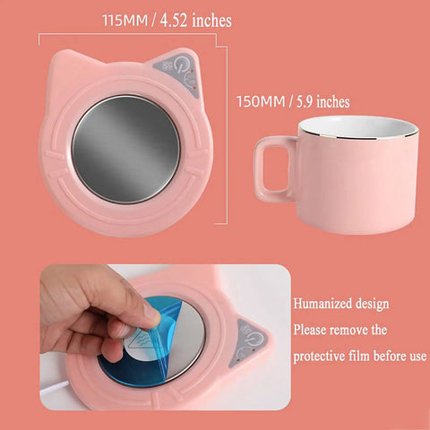 Keep Your Daily Grind Toasty With This Rapid Heating Desk Coffee Warmer featuring a pink cat design and ceramic heater. 115MM size.