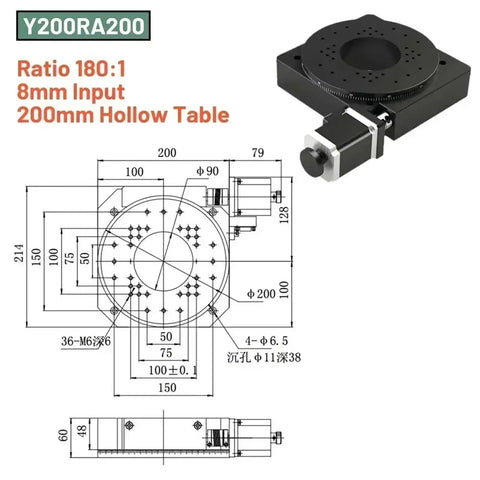Trade Grade Hollow Rotary Table Motor Drive With Precision Indexing Plate And Gearbox Reducer Kit For Smooth Rotary Platform Operation Swapping Direct Drive Motors No Sweat, 200mm hollow table with 180:1 ratio and precise measurements.