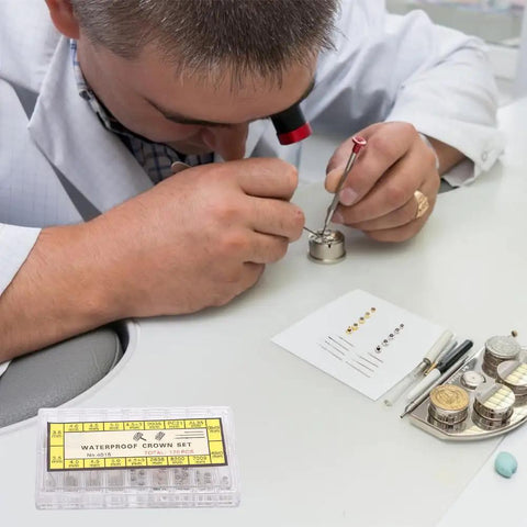 Watch Repair Kit With Stainless Steel Crown And Stem Set used by technician for quick wristwatch repairs on desk