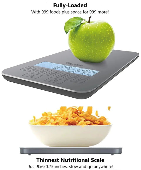 All In One Food Scale With Built In Nutrition Calculator For Easy Meal Prep And Real Weight Loss, 11 Lb Capacity, shown with apple
