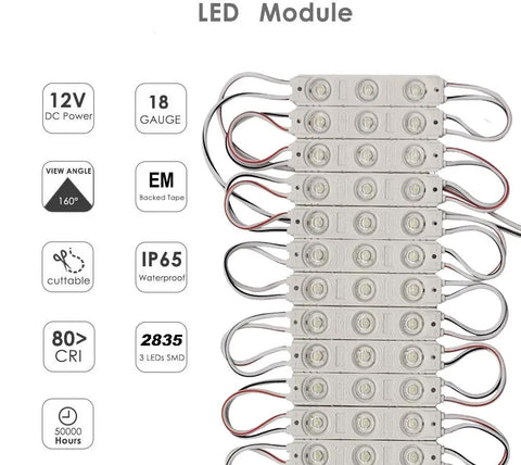 Storefront LED Module Kit For Signs White 6500K 2835 SMD 1.2W 12V DC Waterproof Window Light 100 Pcs showing detailed features