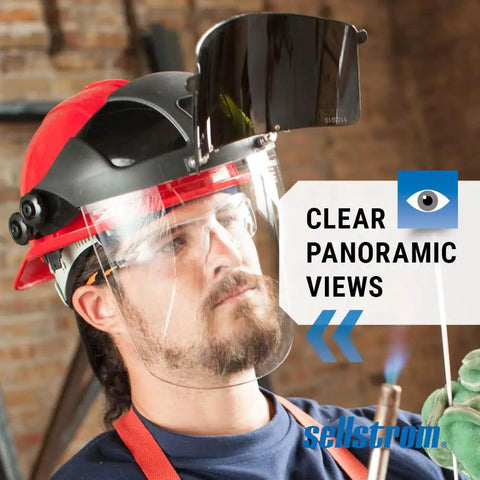 Universal Slot Adapter Safety Face Shield For Plasma And Flame Cutting And Grinding, clear visor on man with red hard hat