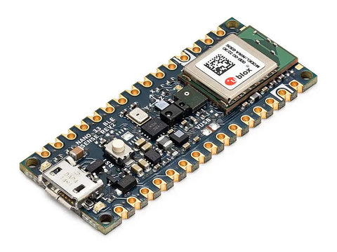 Dope AI Capable Microcontroller Board With BLE And Sensor Suite, close-up of AI-ready Nano BLE Sense Rev2 for wearables and smart home projects.