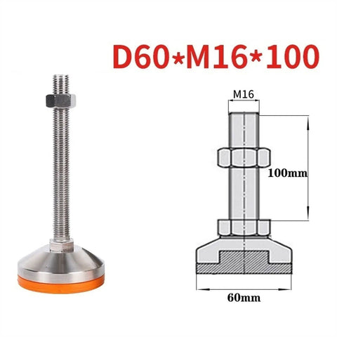Tough 304 Stainless Steel Adjustable Furniture Leveling Glides With Thick Rubber Cushions M16 X 100mm showing dimensions and design.