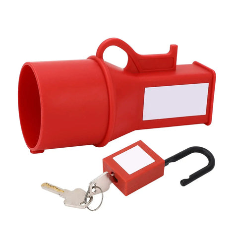 Rugged Industrial Socket Lockout Device For Maintenance in red durable PP nylon with safety lock, key visible