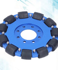 5 inch omnidirectional wheel for robots with aluminum hub and silicone rollers shown in blue, ideal for DIY robot kits and smooth mobility.