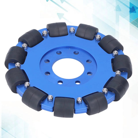 5 inch omnidirectional wheel for robots with aluminum hub and silicone rollers shown in blue, ideal for DIY robot kits and smooth mobility.