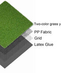 Cross-section view of Ultra Thick Golf Turf Pro Putting Green Mat 7ft By 13ft highlighting two-color grass yarn, PP fabric, grid, and latex glue.