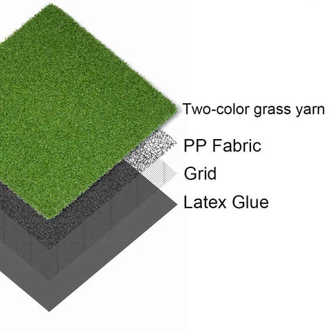 Cross-section view of Ultra Thick Golf Turf Pro Putting Green Mat 7ft By 13ft highlighting two-color grass yarn, PP fabric, grid, and latex glue.