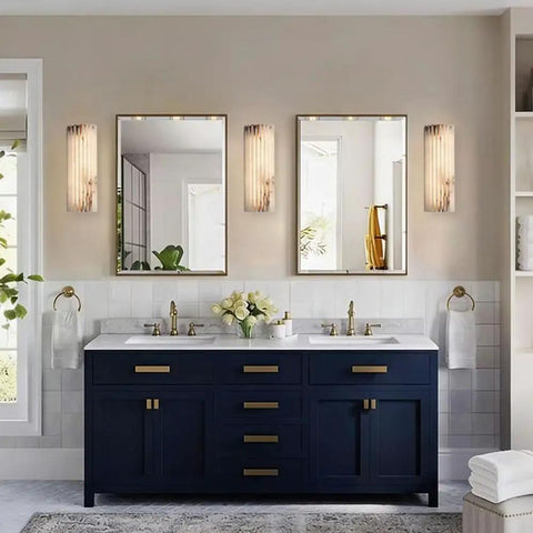 TTBDDDYH LED Light Source Indoor Wall Light, Nordic Minimalist Style Wall Sconce, 11.8 Inch Natural Alabaster Wall Lamp in modern bathroom.