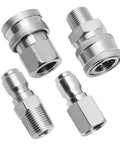 Two Pack One Quarter Inch NPT Quick Connect Couplers in Stainless Steel for Pressure Washers, shown detached front view