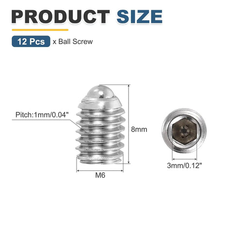 Dead Nuts Tight M6x8mm Ball Point Set Screws, 304 Stainless Steel Hex Socket Spring Plunger Grub Screws, showing dimensions.