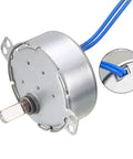 Low Speed AC Synchronous Motor 100 to 127 Volt 5 to 6 RPM 50 to 60 Hz CW CCW 4 Watt D Shaft 5 By 7 Mm 40 Cm Wire Tiny But Mighty Great For Heaters Fans Christmas Trees Air Conditioners Massagers Craft Displays silver motor with blue wire leads