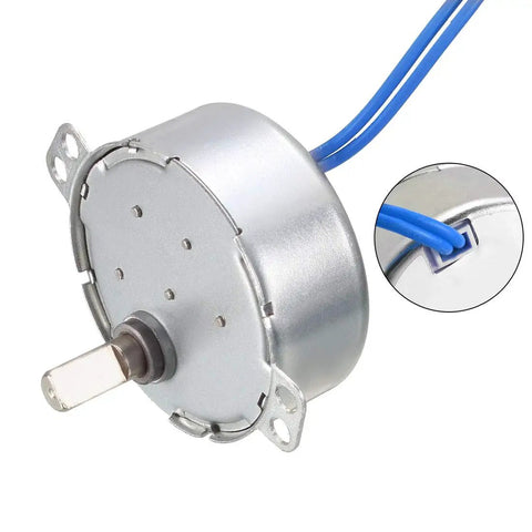 Low Speed AC Synchronous Motor 100 to 127 Volt 5 to 6 RPM 50 to 60 Hz CW CCW 4 Watt D Shaft 5 By 7 Mm 40 Cm Wire Tiny But Mighty Great For Heaters Fans Christmas Trees Air Conditioners Massagers Craft Displays silver motor with blue wire leads