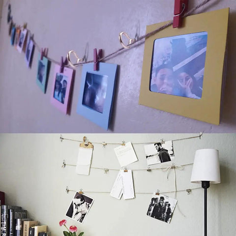 Photo display using clips and string with pictures and notes hanging on a wall, showcasing a creative decor idea.
