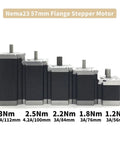 Nema23 57mm flange stepper motors with varying torque ratings of 1.2Nm to 3Nm for CNC applications.