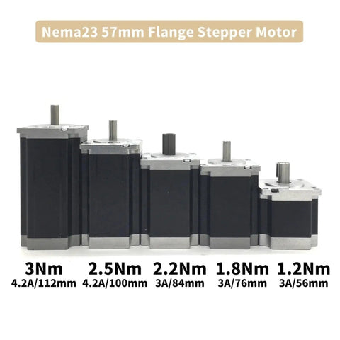 Nema23 57mm flange stepper motors with varying torque ratings of 1.2Nm to 3Nm for CNC applications.