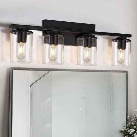 Dope Four Light Matte Black Vanity Lights With Clear Glass Shades for bathroom above mirror, wall sconce lighting