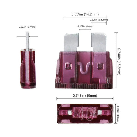 Purple fuse from 100 Piece Standard Blade Fuse Kit For Auto And Marine, 5A To 50A Assortment, with size dimensions labeled