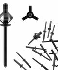 100 Pcs Three Sixteenth Inch By One Inch Tri Fold Exploding Rivets All Black Long Tri Grip Aluminum Blind Rivets For Metal Leather Kayak Boat Marine Applications displayed
