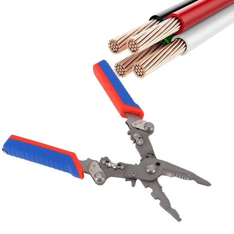 Ftvogue 16 In 1 Multifunctional Wire Stripping Pliers Folding Tool for Cutting Crimping and Twisting Cables, red and blue handles