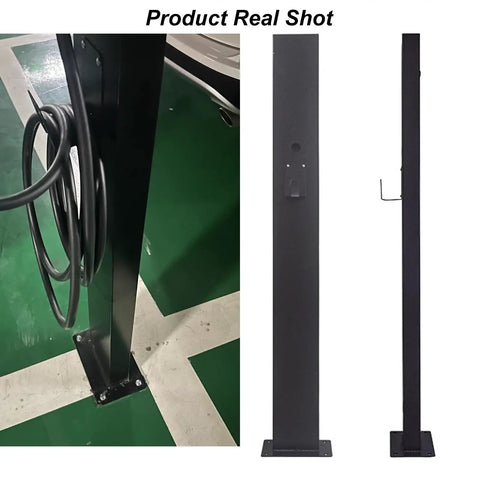 Hella Tough Ev Charger Pedestal Stand with Easy Reach Cable Hook heavy duty floor mount showcasing the cable hook and sturdy base.
