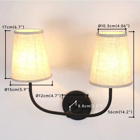 Two Light Wall Sconces With Funnel Linen Fabric Shades Vintage Modern Metal Wall Lamps For Bedroom Living Room Vanity Hallway