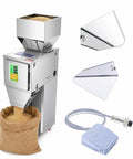 Built Tough Automatic Powder Filling Machine featuring dual vibration, digital scale, and foot pedal for rapid dispensing of rice.