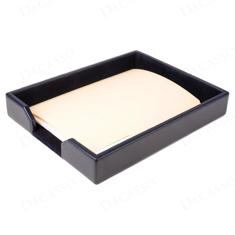 Navy Blue Bonded Leather Letter Tray And Paper Organizer For Desk, Game Changer Luxury Executive Desk Decor with papers