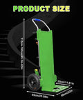 Heavy Duty Electric Stair Climbing Dolly With 900 Lb Capacity And 1500W Motor, showing size dimensions and green aluminum construction.