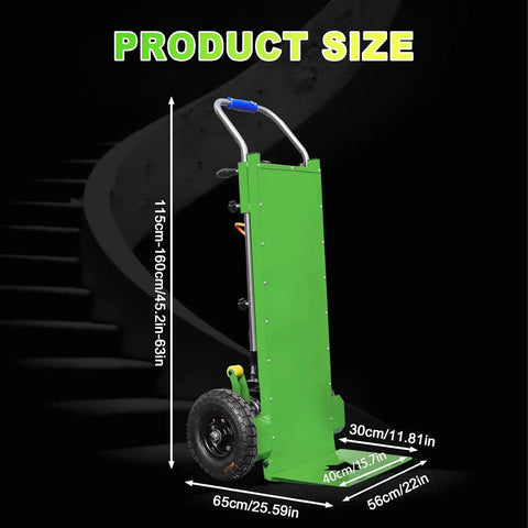 Heavy Duty Electric Stair Climbing Dolly With 900 Lb Capacity And 1500W Motor, showing size dimensions and green aluminum construction.