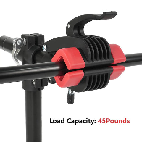 Wall Mount Bike Repair Stand With Height Adjustable Workstand 360 Degree Rotating Clamp showing load capacity of 45 pounds